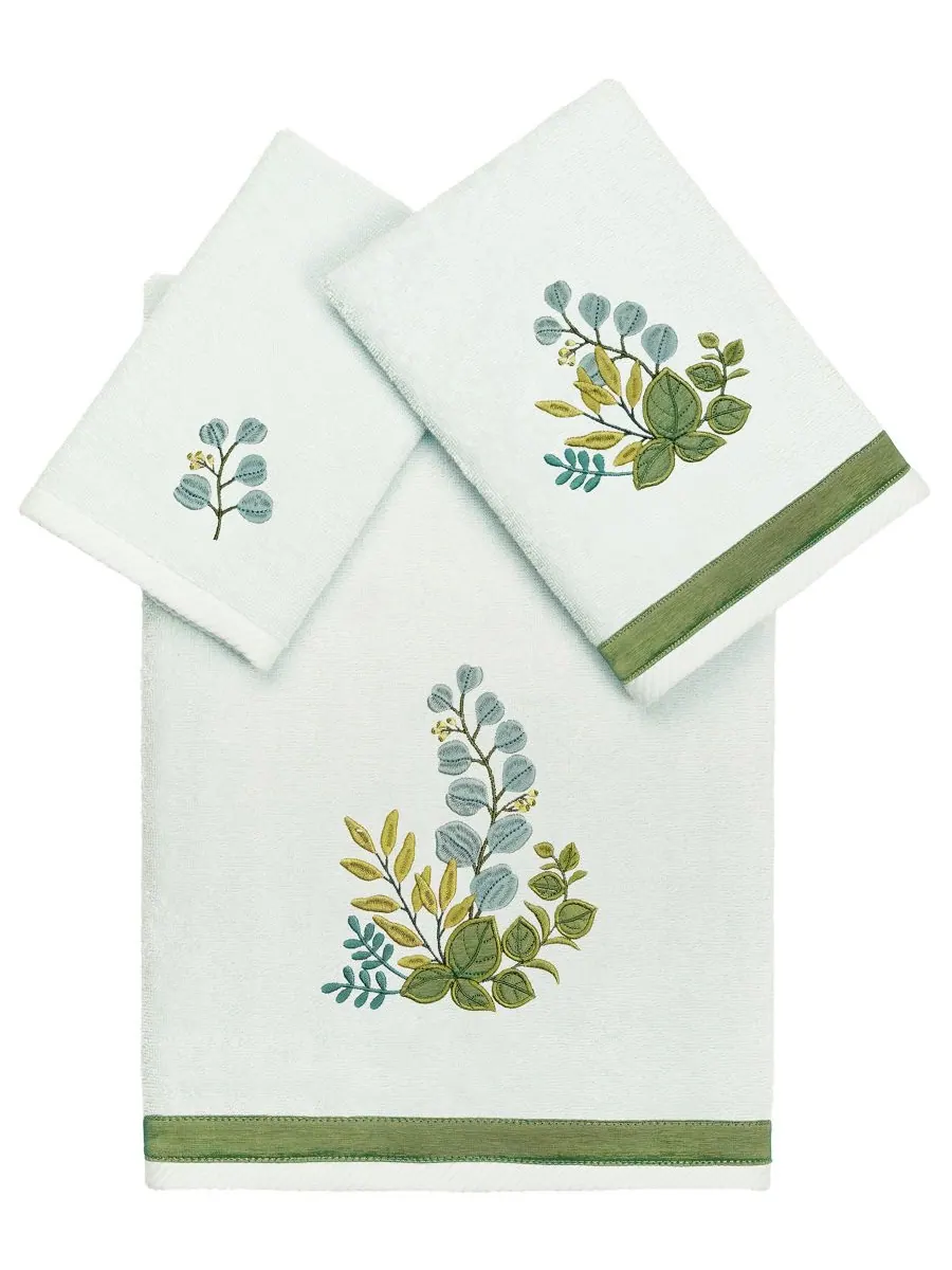 Набор из 3 банных полотенец из турецкого хлопка с вышивкой Botanica Linum Home — изображение 1 из 6, голубой