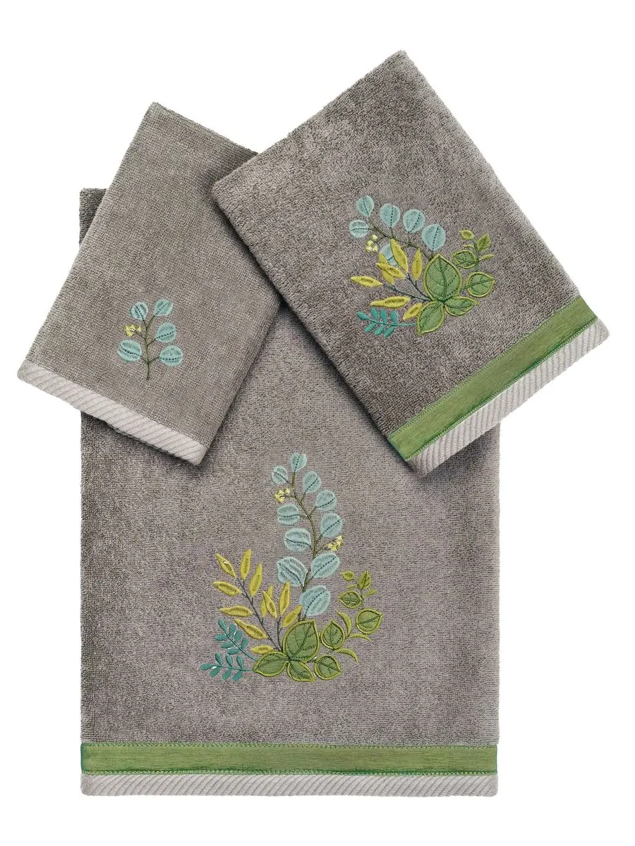 Набор из 3 банных полотенец из турецкого хлопка с вышивкой Botanica Linum Home — изображение 1 из 5, темно-серый