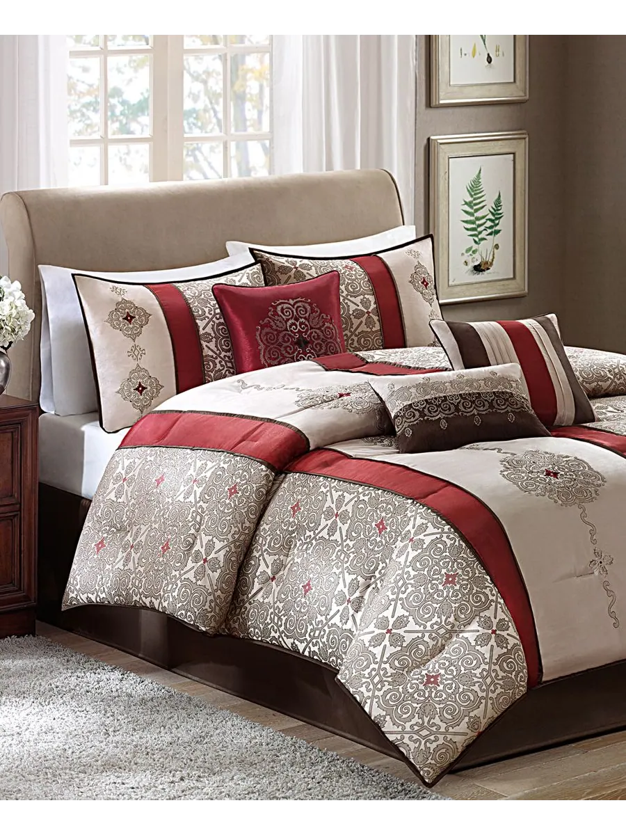 Комплект постельного белья Donovan Jacquard Medallion из 7 предметов, размер California King — изображение 2 из 6, красный