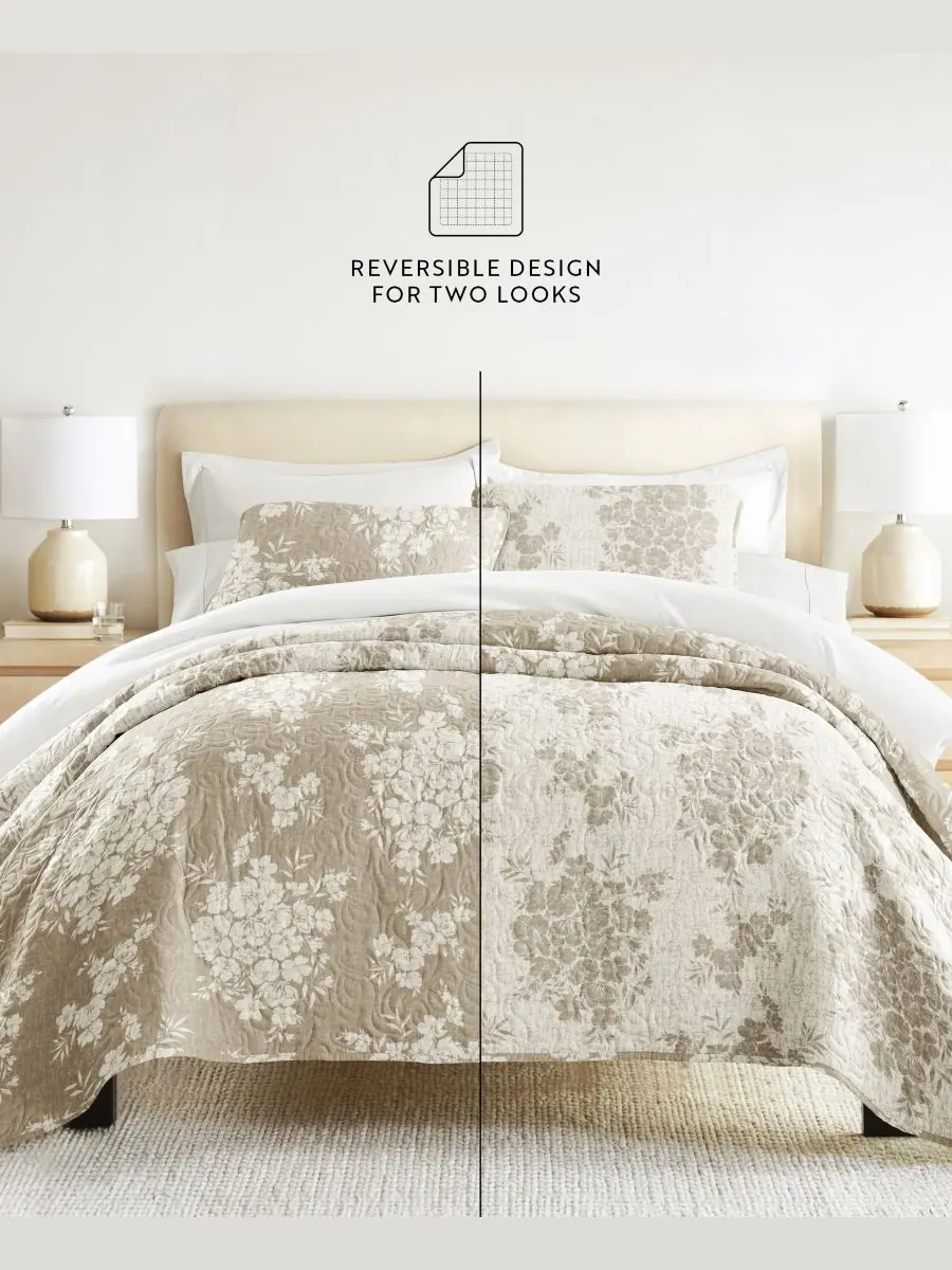 Двусторонний комплект постельного белья Distressed Bouquet из 2 предметов, размер Twin/Twin XL — изображение 3 из 10, тауп