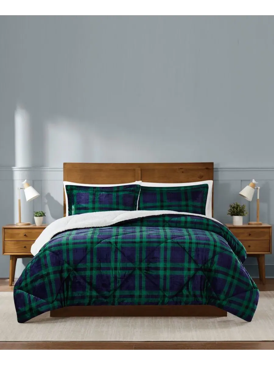 Комплект стеганого одеяла с пледом Cuddle Warmth Tartan Plaid Truly Soft — изображение 1 из 4, синий зеленый