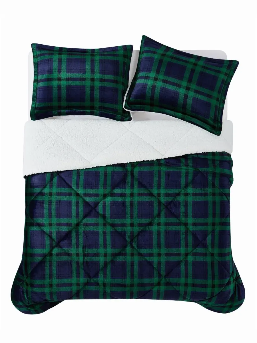 Комплект стеганого одеяла с пледом Cuddle Warmth Tartan Plaid Truly Soft — изображение 3 из 4, синий зеленый