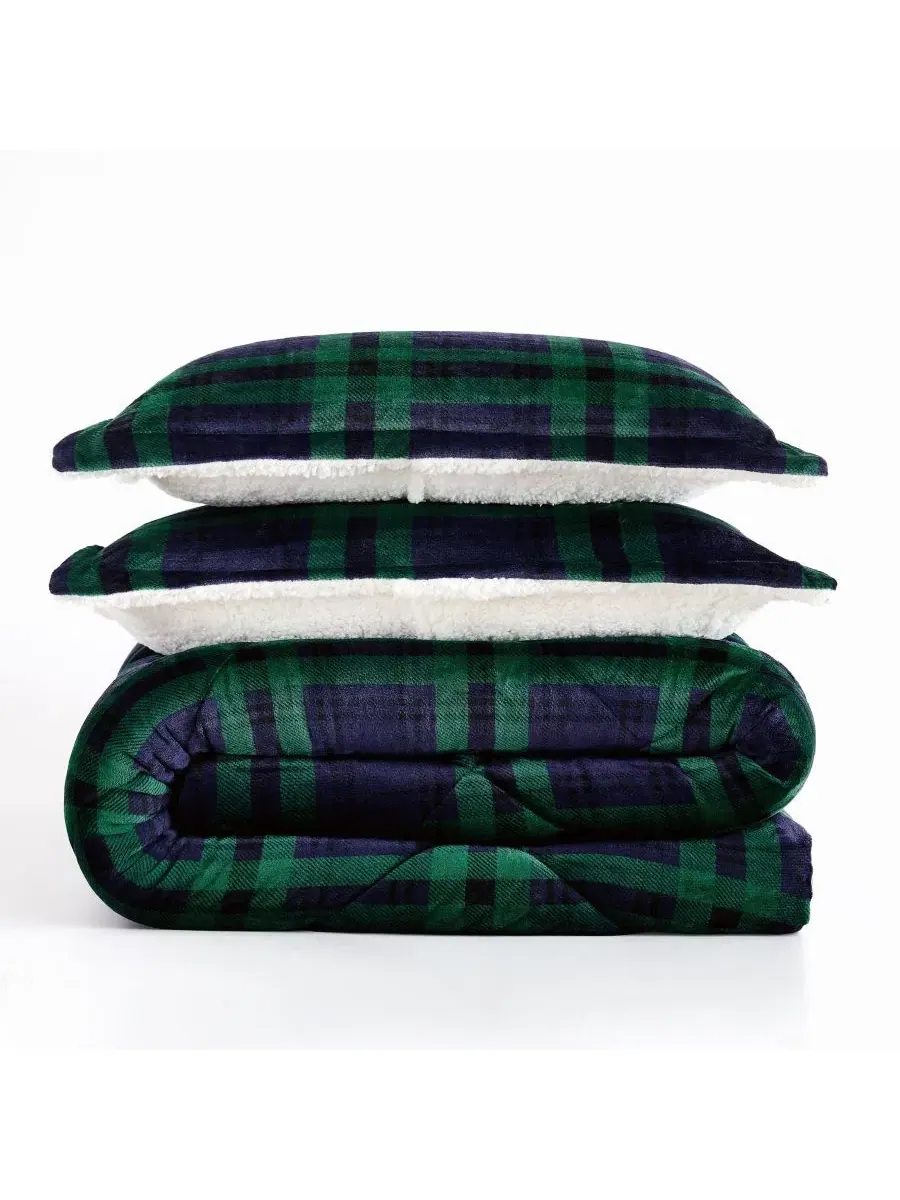 Комплект стеганого одеяла с пледом Cuddle Warmth Tartan Plaid Truly Soft — изображение 4 из 4, синий зеленый