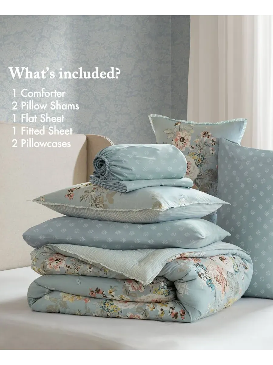 Комплект постельного белья Heather Vintage Floral из 7 предметов, размер Queen Madison Park — изображение 6 из 10, синий