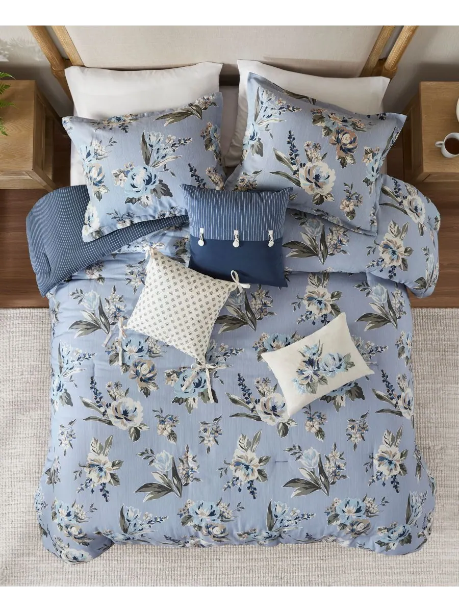 Комплект постельного белья Salara Vintage Floral, 7 предметов, размер King Madison Park — изображение 8 из 10, синий