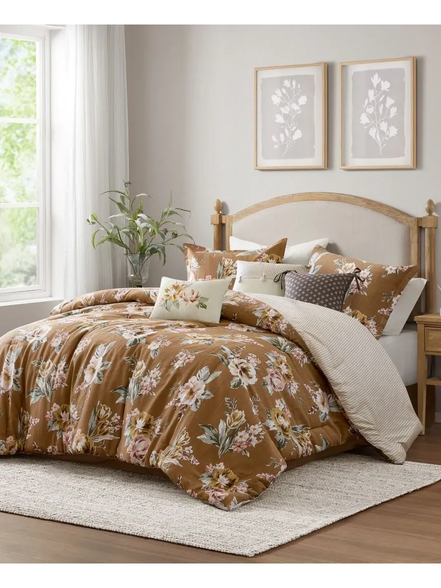 Комплект постельного белья Salara Vintage Floral, 7 предметов, размер King Madison Park — изображение 2 из 10, оранжевый