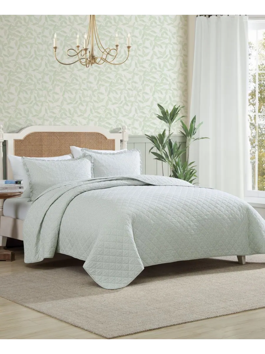 Двусторонний комплект постельного белья Oxford Stripe, 2 предмета, размер Twin Laura Ashley — изображение 2 из 9, зеленый
