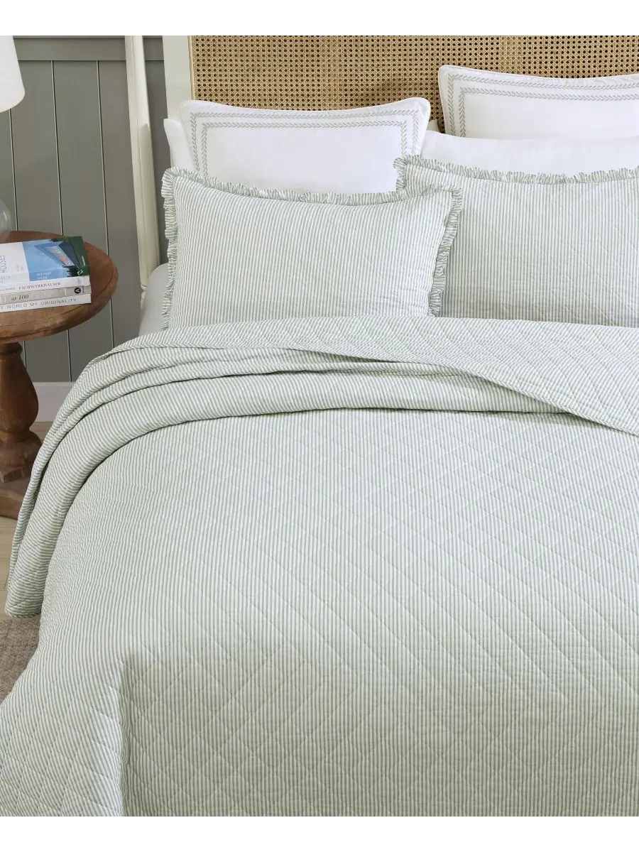 Двусторонний комплект постельного белья Oxford Stripe, 2 предмета, размер Twin Laura Ashley — изображение 3 из 9, зеленый