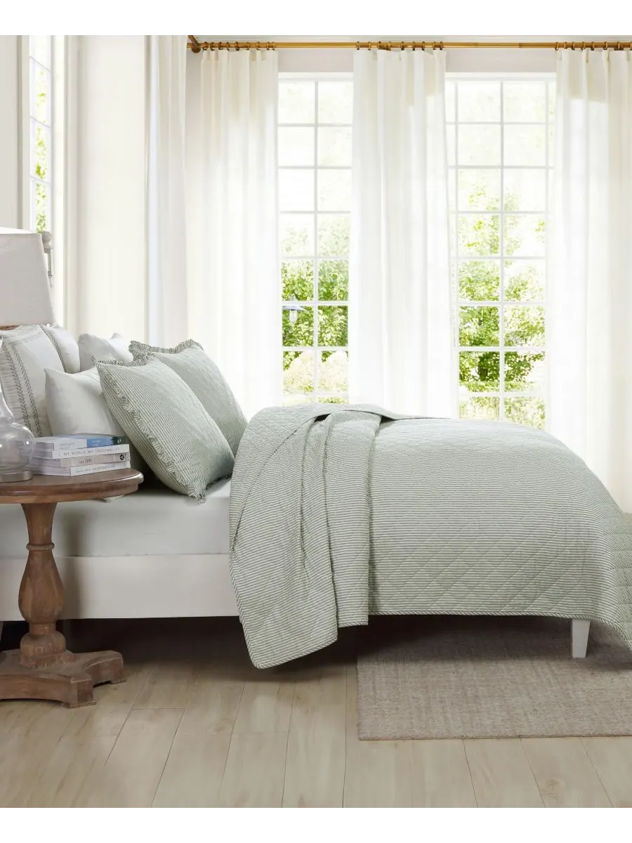 Двусторонний комплект постельного белья Oxford Stripe, 2 предмета, размер Twin Laura Ashley — изображение 4 из 9, зеленый