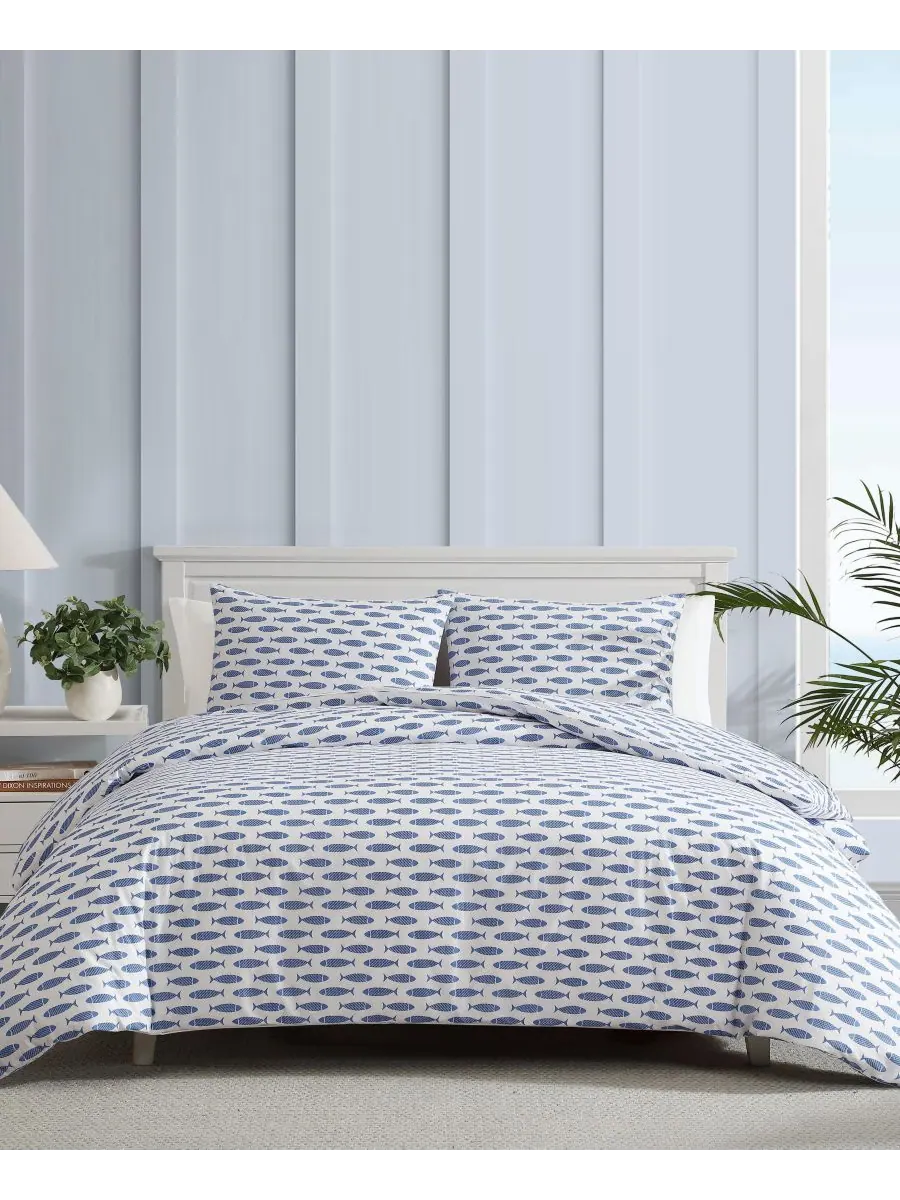 Комплект постельного белья Woodblock Fish Percale, 3 предмета, размер King Nautica — изображение 1 из 6, синий