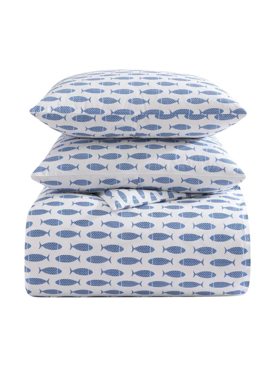 Комплект постельного белья Woodblock Fish Percale, 3 предмета, размер King Nautica — изображение 6 из 6, синий