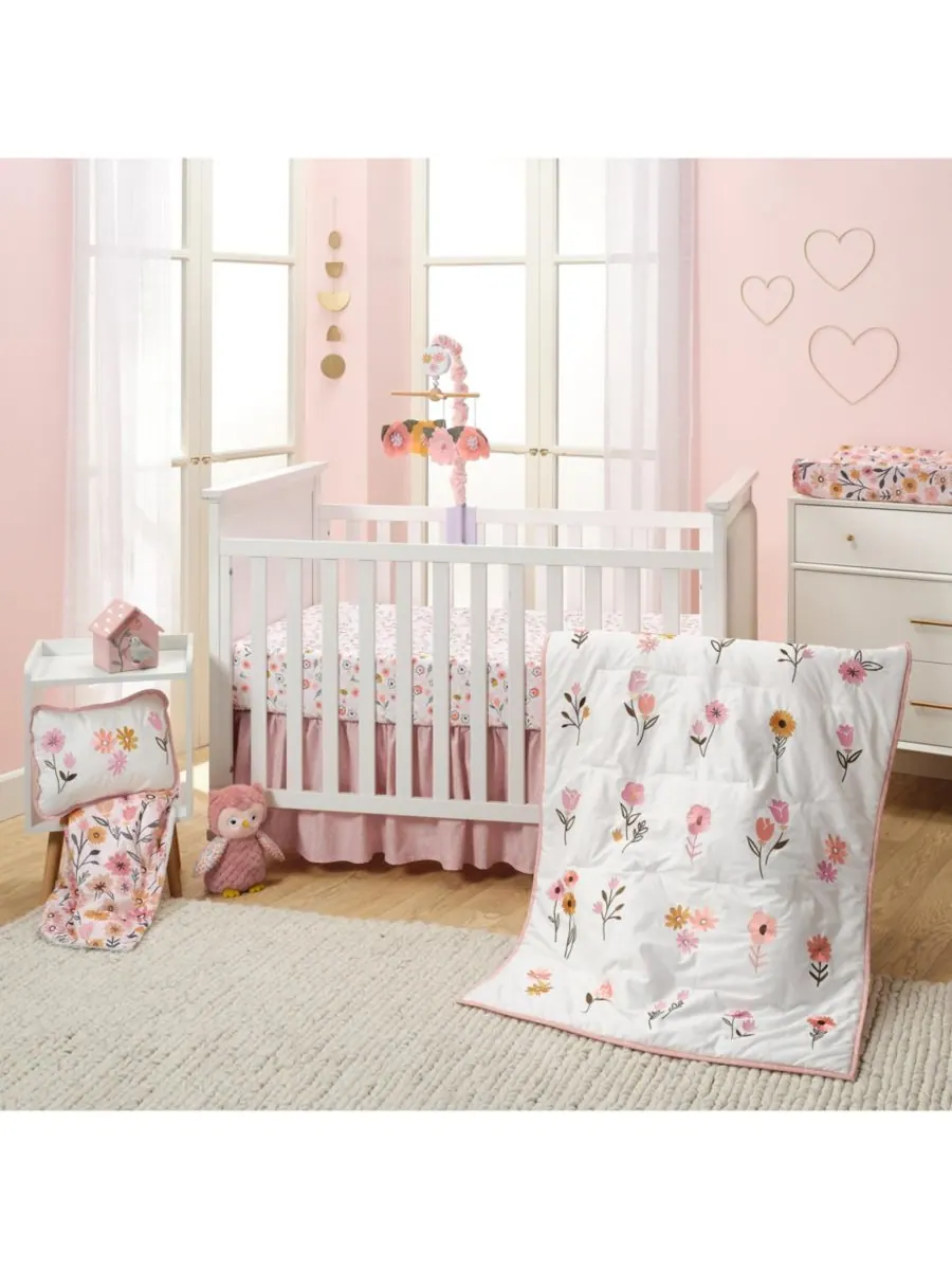 Комплект постельного белья для детской кроватки Little Garden из 3 предметов с вышитым цветочным — изображение 1 из 10, белый
