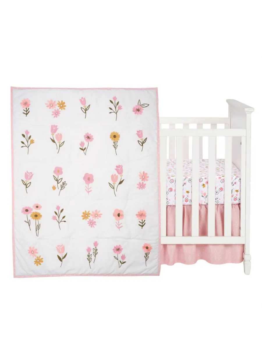 Комплект постельного белья для детской кроватки Little Garden из 3 предметов с вышитым цветочным — изображение 2 из 10, белый