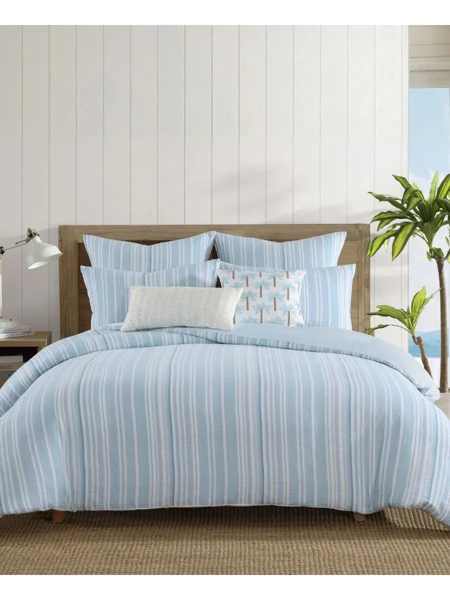 Комплект постельного белья Home Boracay Stripe Muslin Textured из 3 предметов, размер Full/Queen — изображение 2 из 5, синий