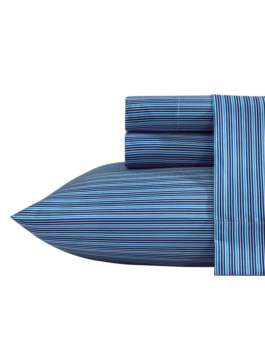 Комплект простыней Alden Stripe Printed Microfiber 4-Pc. Sheet Set, Full Nautica — изображение 1 из 4, синий море