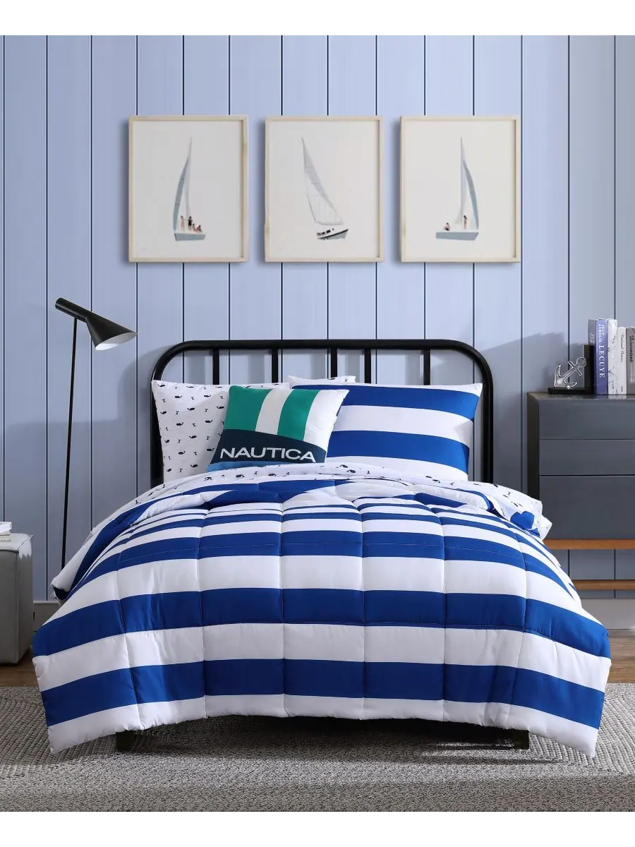 Комплект постельного белья Huck Stripe из микрофибры, 4 предмета, размер Full/Queen Nautica — изображение 1 из 10, синий