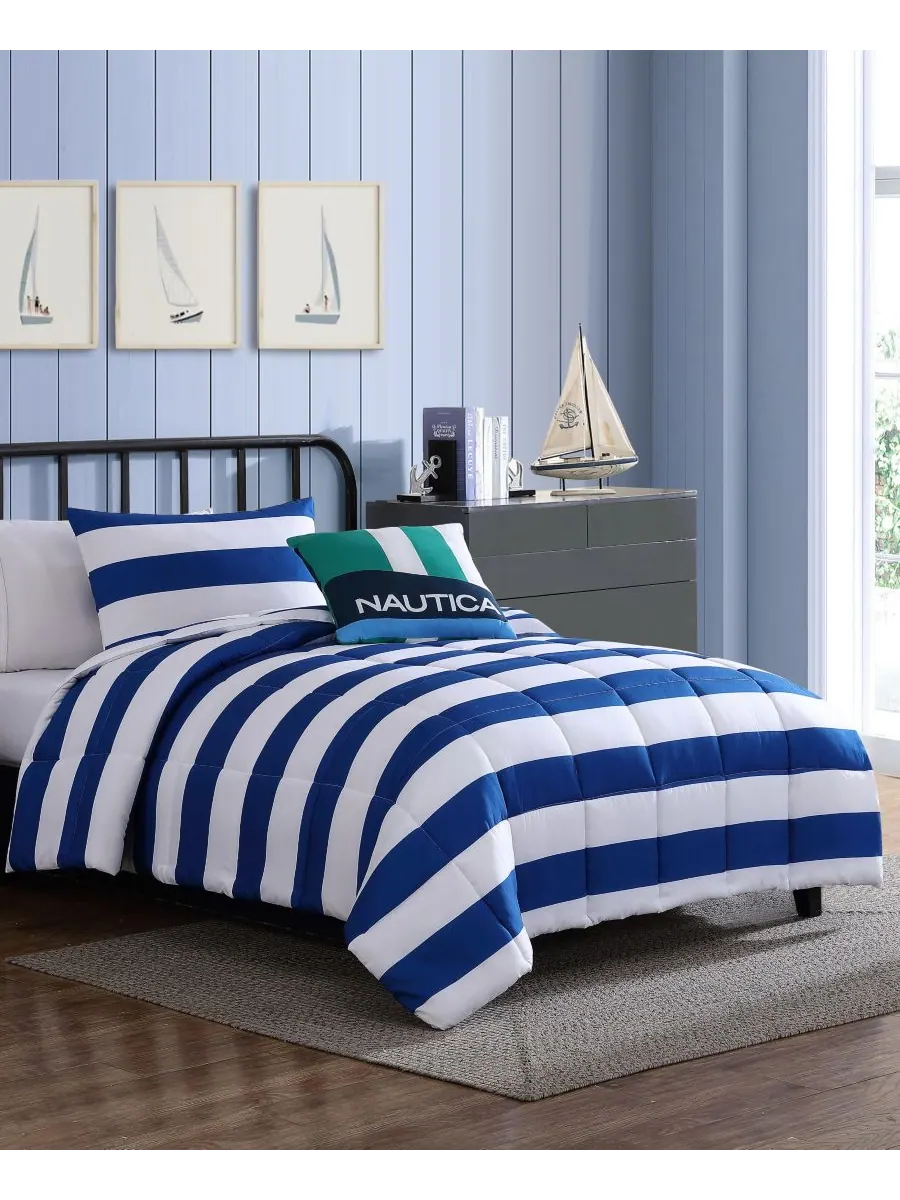 Комплект постельного белья Huck Stripe из микрофибры, 4 предмета, размер Full/Queen Nautica — изображение 2 из 10, синий