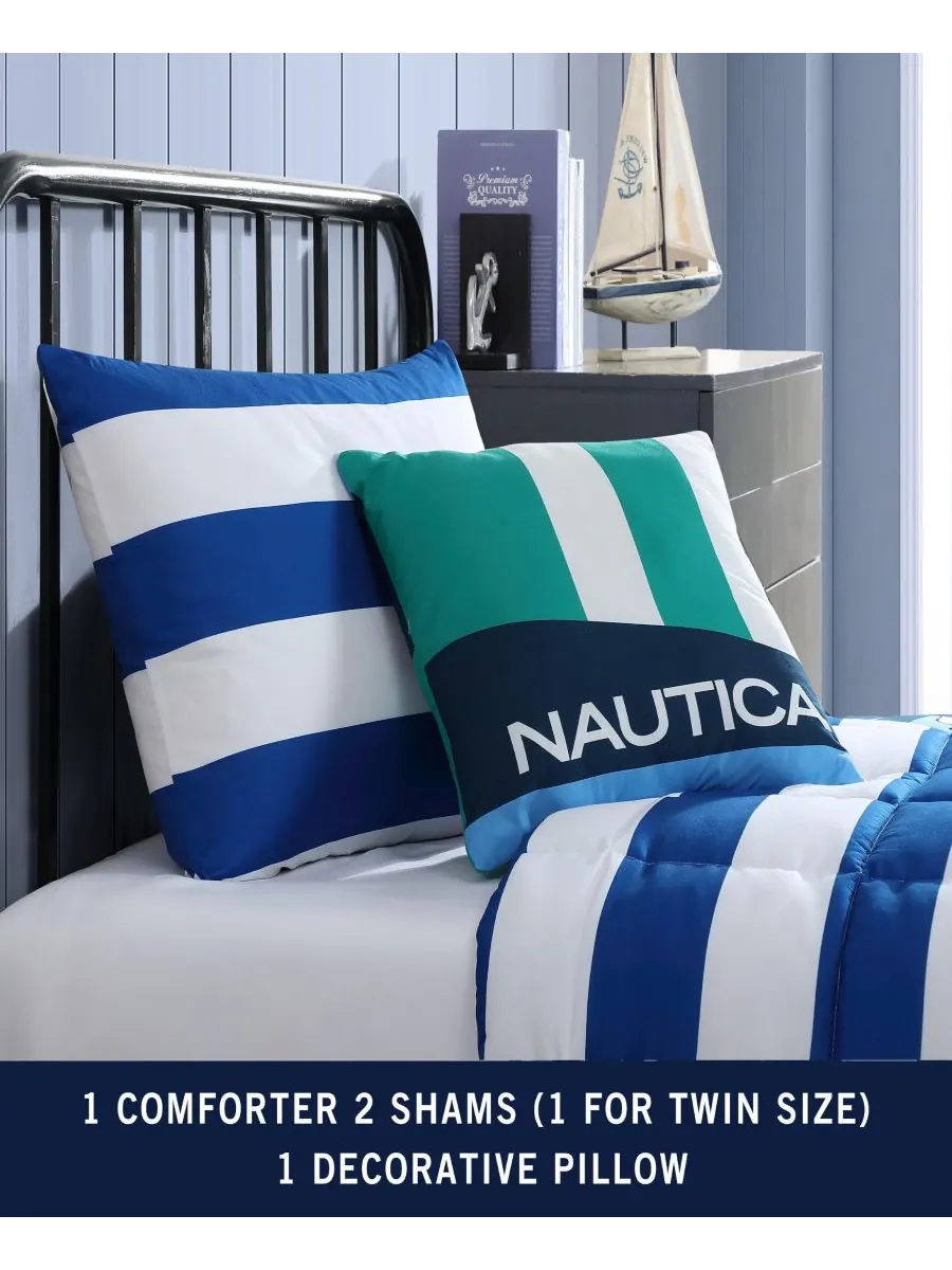 Комплект постельного белья Huck Stripe из микрофибры, 4 предмета, размер Full/Queen Nautica — изображение 10 из 10, синий