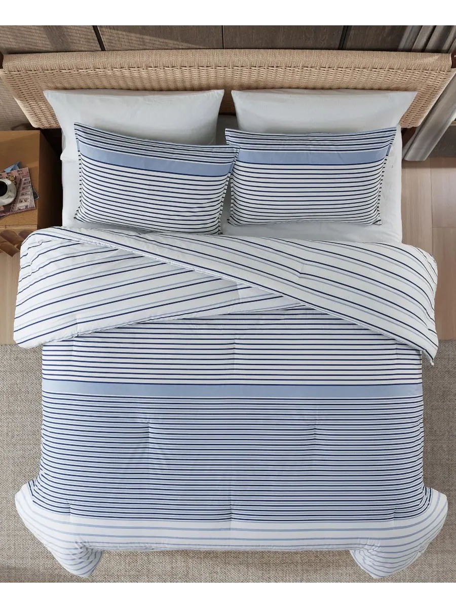Комплект постельного белья Cooper Stripe из хлопка, двусторонний, 2 предмета, размер Twin Eddie — изображение 2 из 9, синий