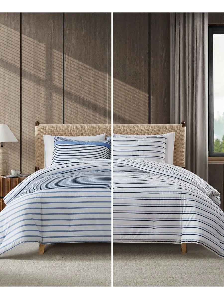 Комплект постельного белья Cooper Stripe из хлопка, двусторонний, 2 предмета, размер Twin Eddie — изображение 6 из 9, синий