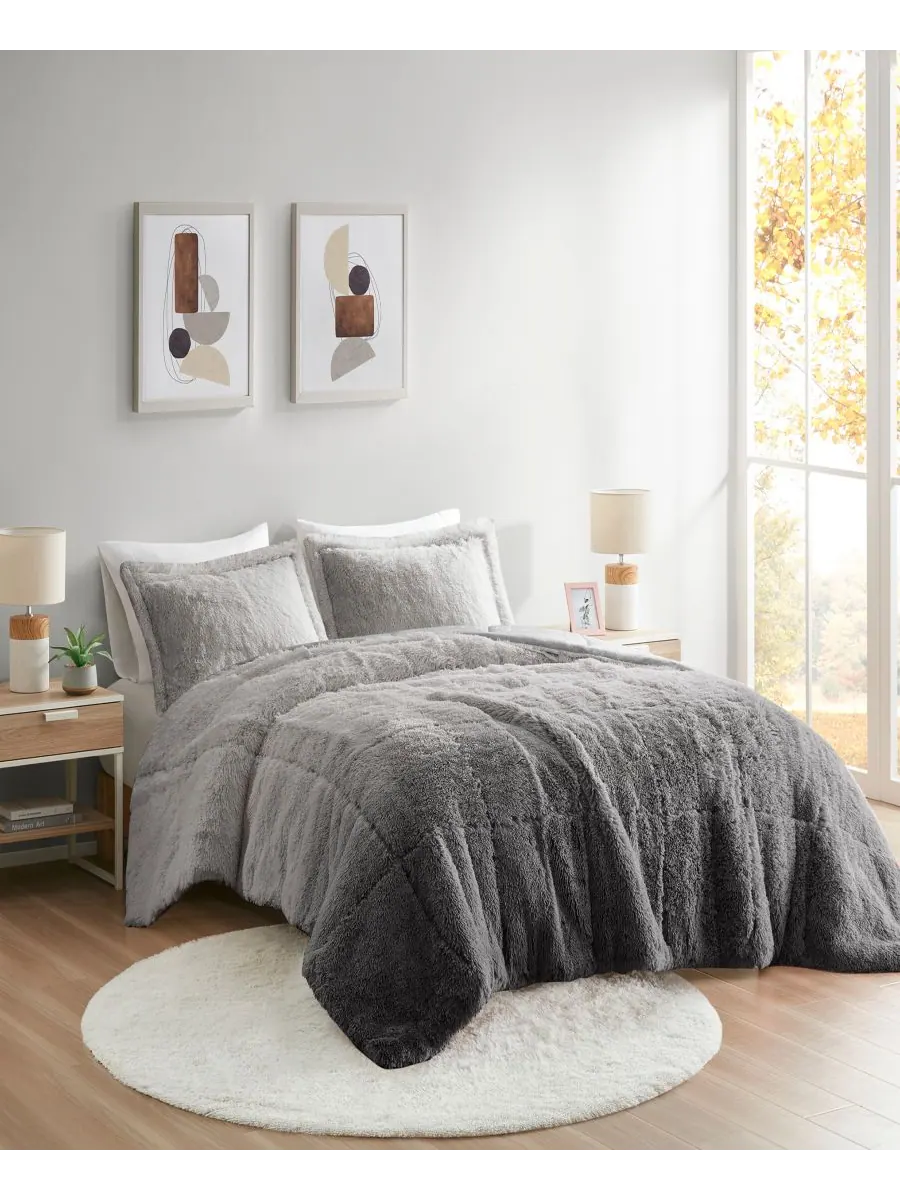 Комплект постельного белья Brielle Ombre из 3 предметов с пушистым искусственным мехом, размер — изображение 2 из 9, серый