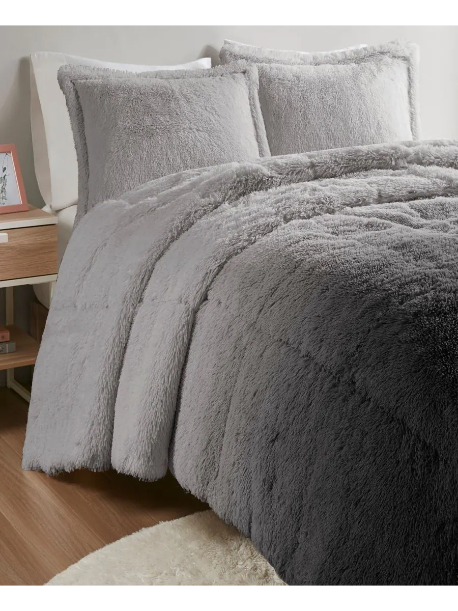 Комплект постельного белья Brielle Ombre из 3 предметов с пушистым искусственным мехом, размер — изображение 4 из 9, серый
