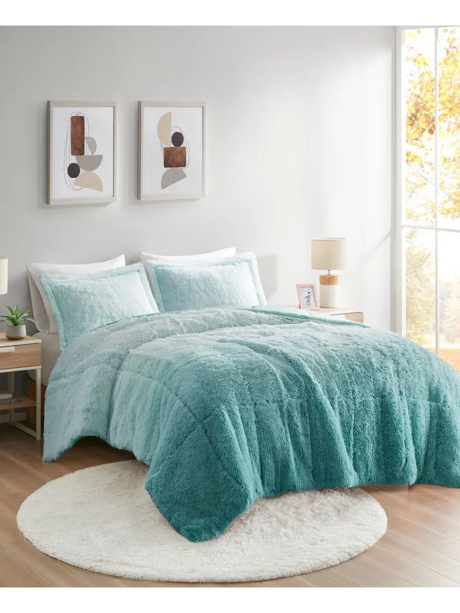 Комплект постельного белья Brielle Ombre из 3 предметов с пушистым искусственным мехом, размер — изображение 2 из 9, синий