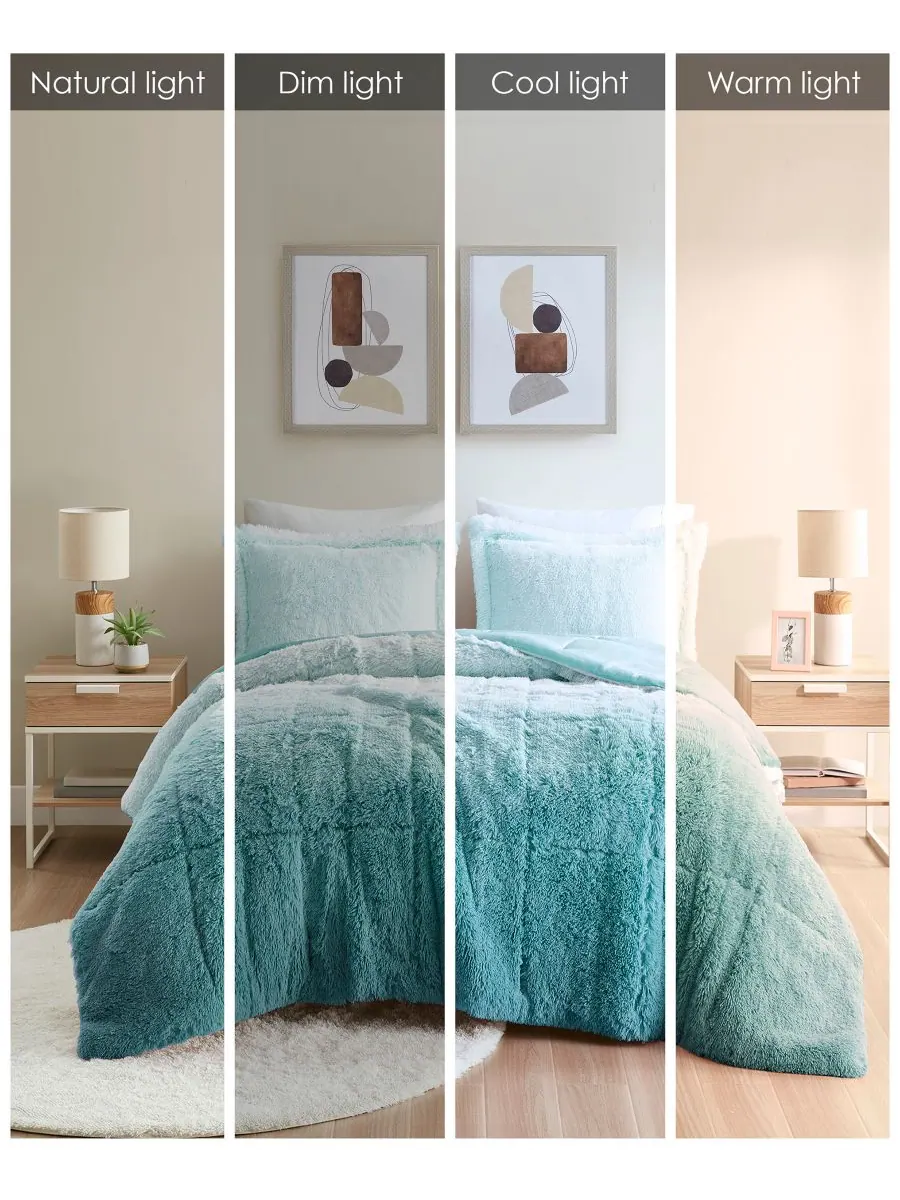 Комплект постельного белья Brielle Ombre из 3 предметов с пушистым искусственным мехом, размер — изображение 8 из 9, синий