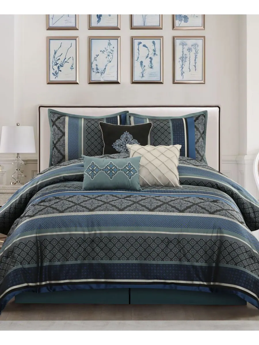 Комплект постельного белья Tefia Jacquard Damask, 7 предметов, размер King Stratford Park — изображение 4 из 5, синий