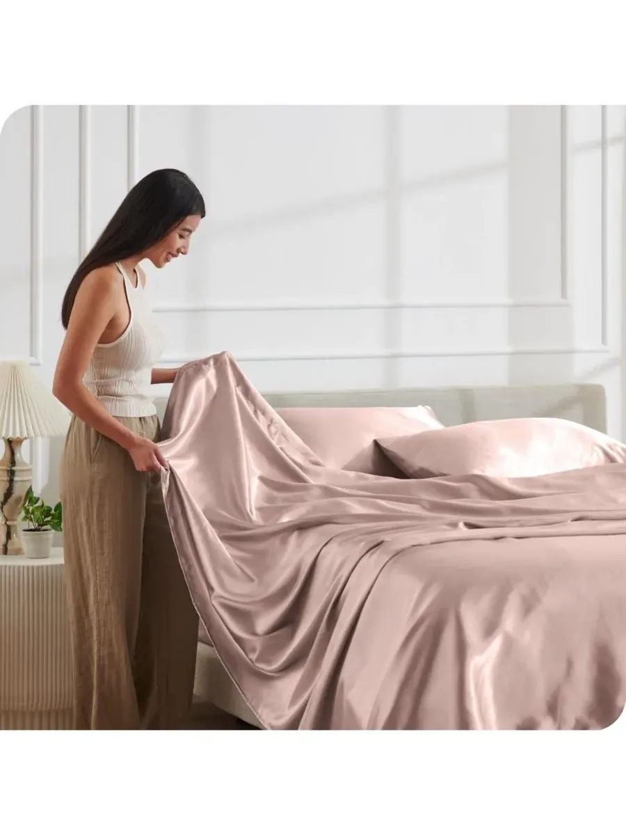 Комплект атласных простыней Bare Home — изображение 3 из 6, пудровый розовый
