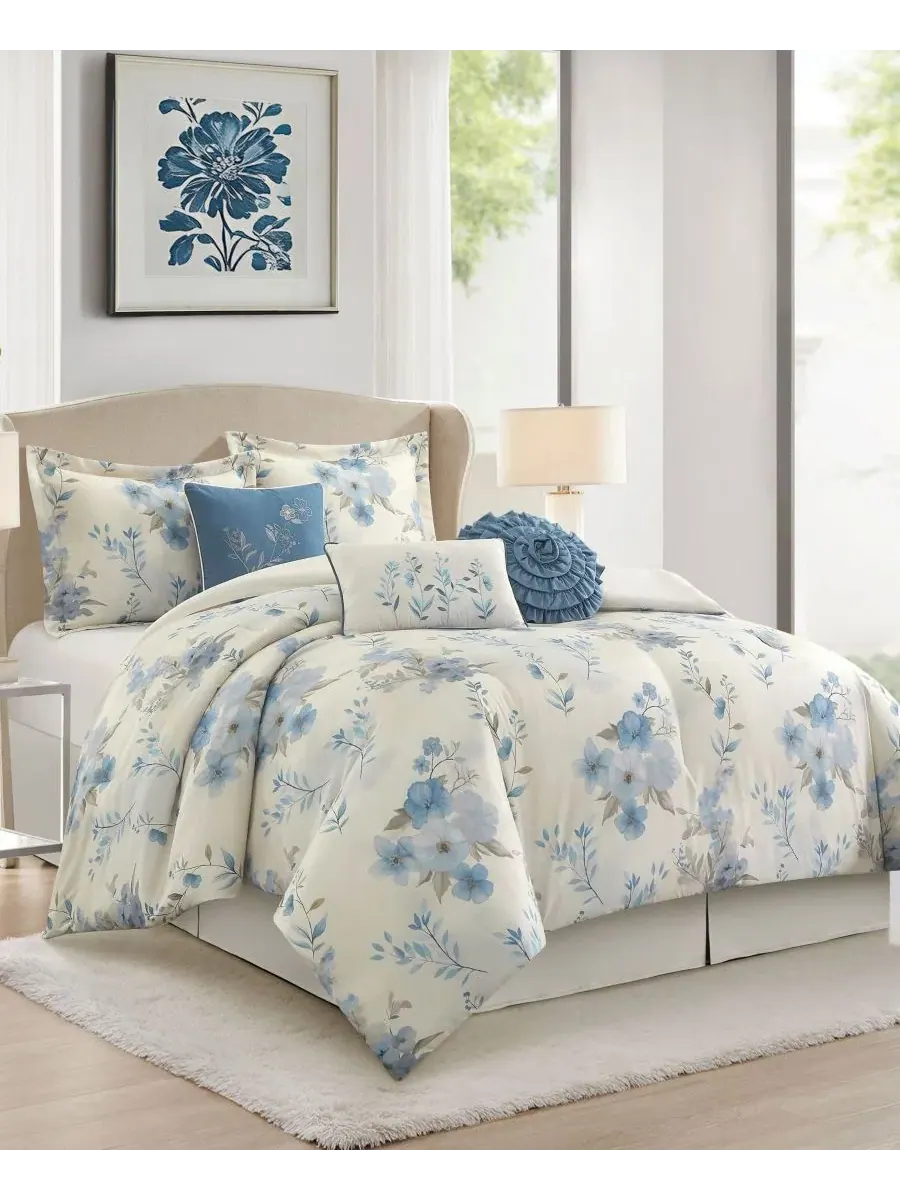 Комплект постельного белья Karly Floral, 7 предметов, Queen Stratford Park — изображение 5 из 7, синий