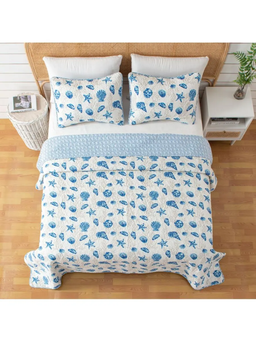 Комплект постельного белья из микрофибры Coastal с наволочками Linery & Co, Blue shells, Twin/Twin — изображение 1 из 4
