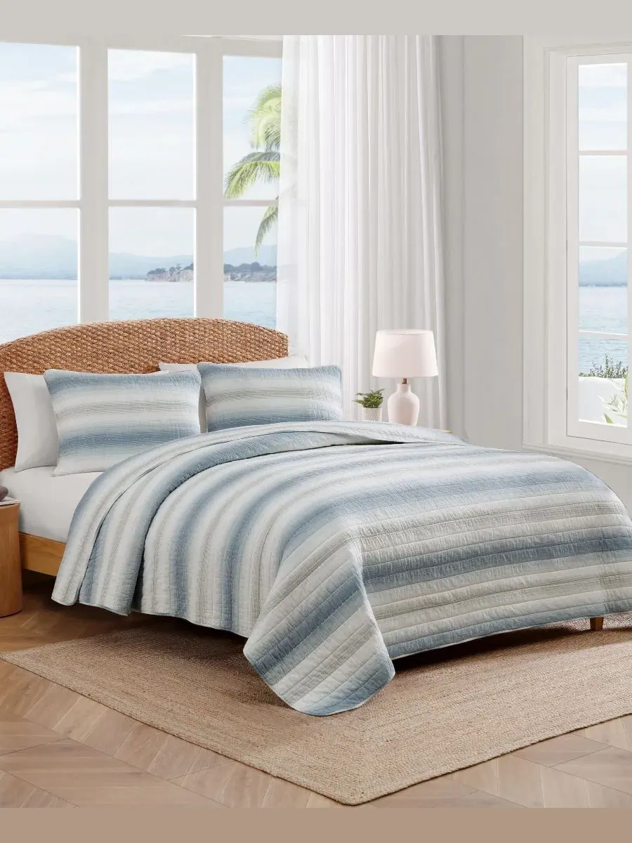 Комплект стеганых одеял Prima Island Stripe Cotton Reversible 3-Pc. King Tommy Bahama Home — изображение 2 из 7, синий