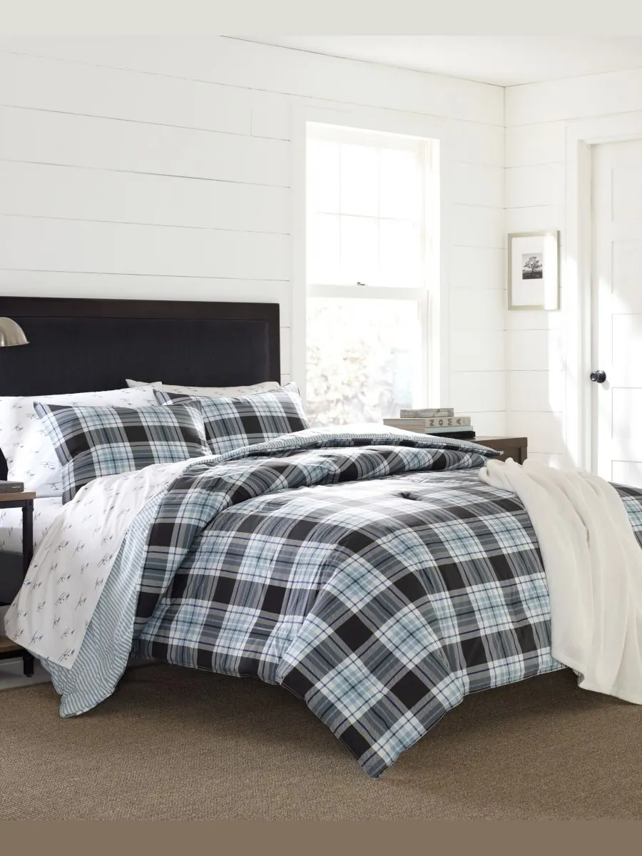 Комплект постельного белья Lewis Atlantic Plaid, размер King Eddie Bauer — изображение 1 из 3, темно-синий