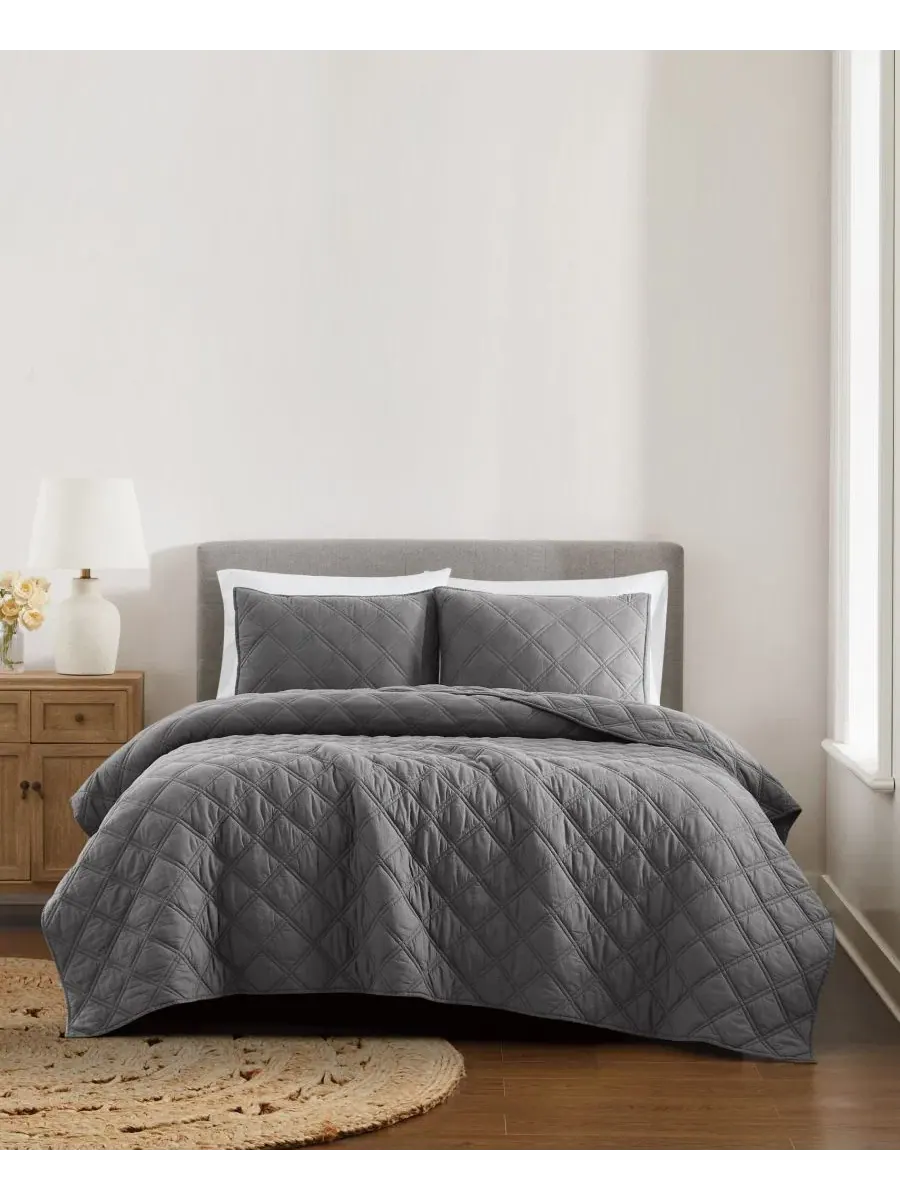Комплект стеганых одеял Diamond Wash Cotton 3 предмета, King Brooklyn Loom — изображение 1 из 6, серый