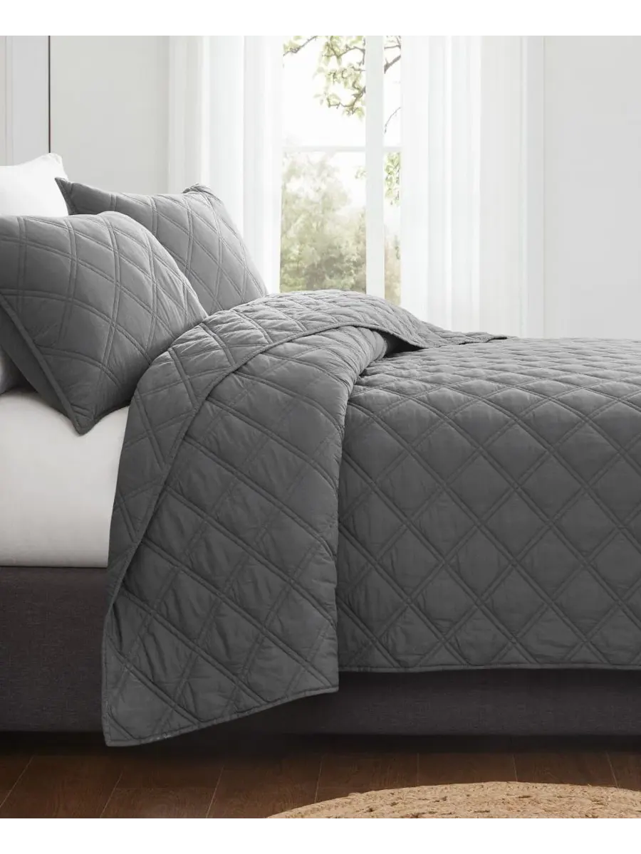 Комплект стеганых одеял Diamond Wash Cotton 3 предмета, King Brooklyn Loom — изображение 2 из 6, серый