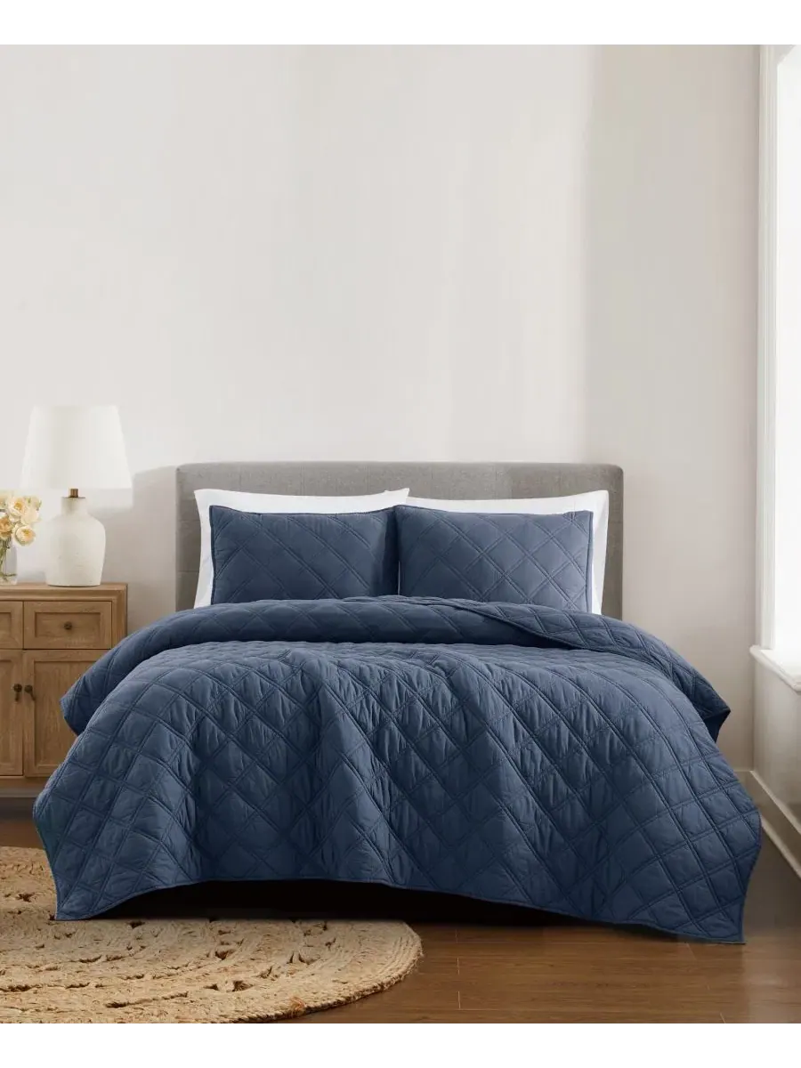 Комплект стеганого одеяла Diamond Washed Cotton из 3 предметов, King Brooklyn Loom — изображение 1 из 6, синий