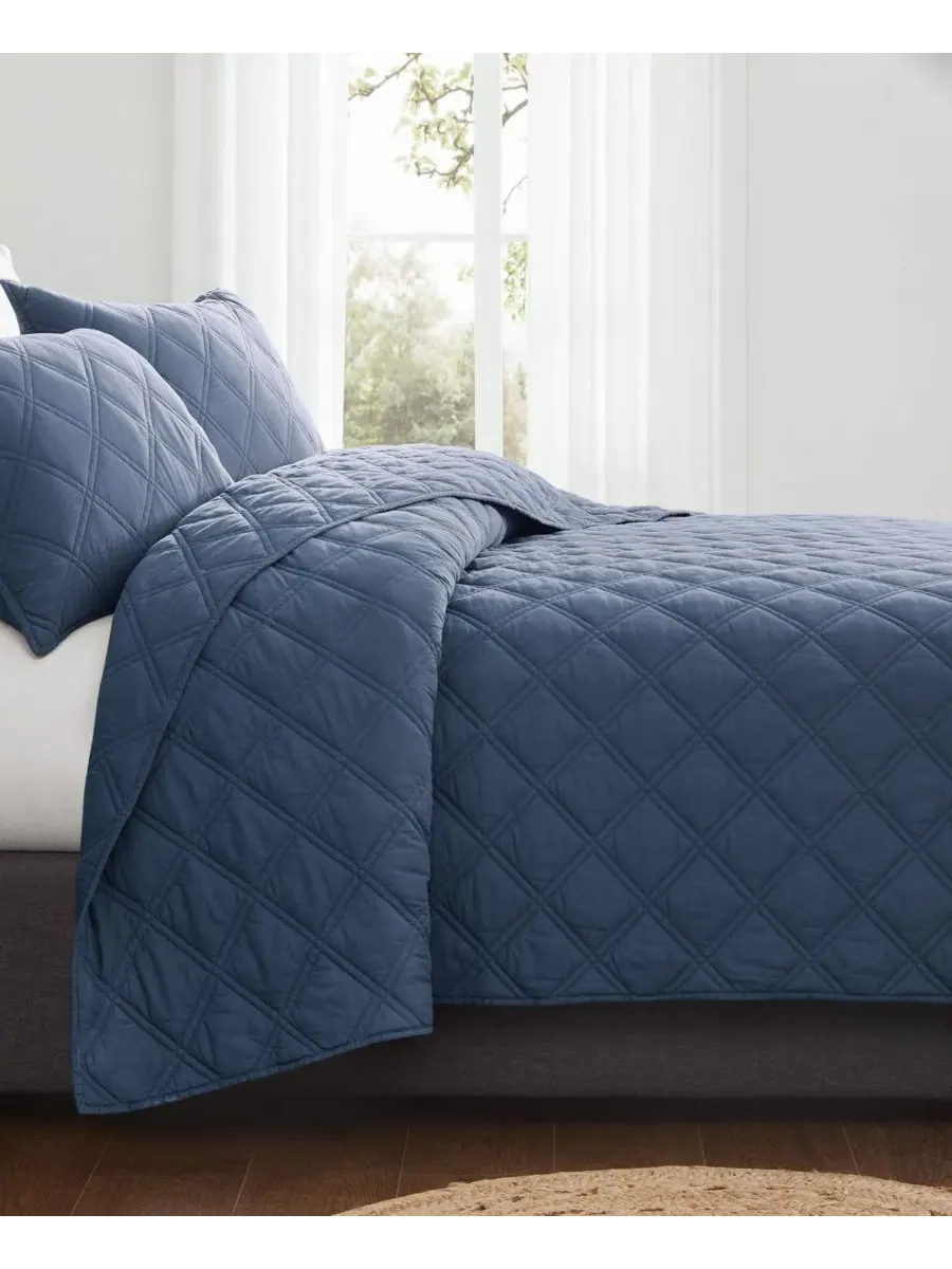 Комплект стеганого одеяла Diamond Washed Cotton из 3 предметов, King Brooklyn Loom — изображение 2 из 6, синий