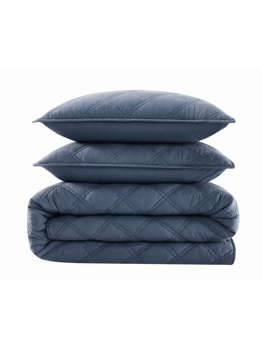 Комплект стеганого одеяла Diamond Washed Cotton из 3 предметов, King Brooklyn Loom — изображение 5 из 6, синий