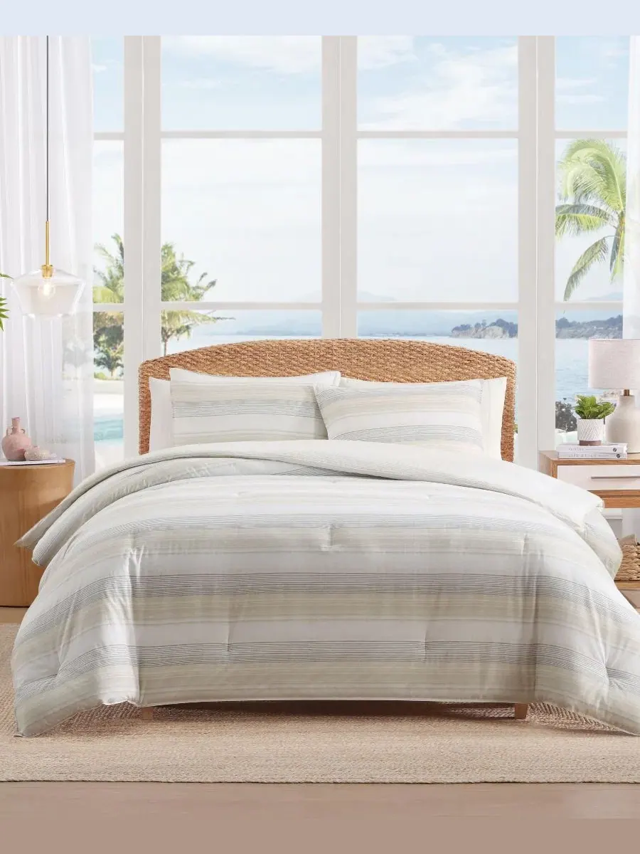 Комплект постельного белья 3 предмета Canal Island Stripe Cotton Tommy Bahama Home, King — изображение 1 из 8, бежевый серый