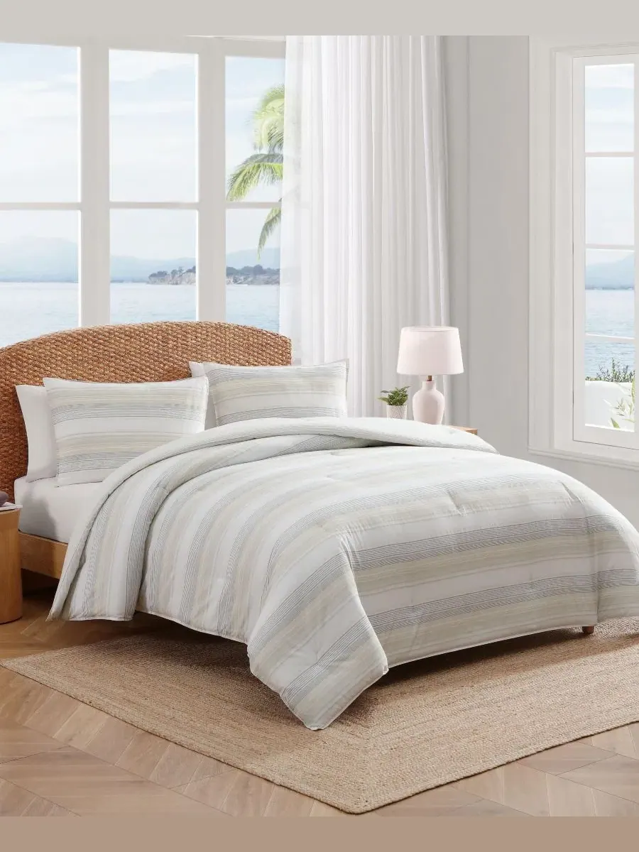 Комплект постельного белья 3 предмета Canal Island Stripe Cotton Tommy Bahama Home, King — изображение 2 из 8, бежевый серый