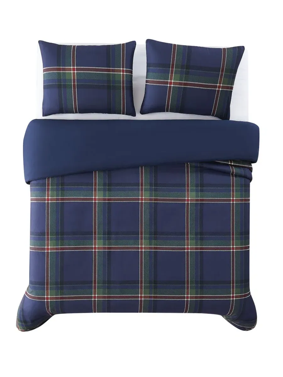 Комплект из 3 предметов: пододеяльник и две наволочки Bronson Plaid Truly Soft — изображение 4 из 5, темно-синий