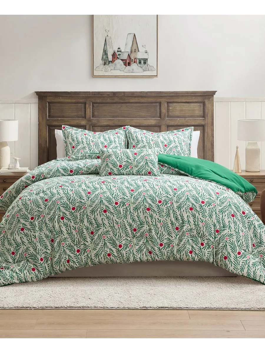 Праздничный комплект постельного белья Green Branches, 4 предмета, размер King Hallmark Bedding — изображение 1 из 8, зеленый