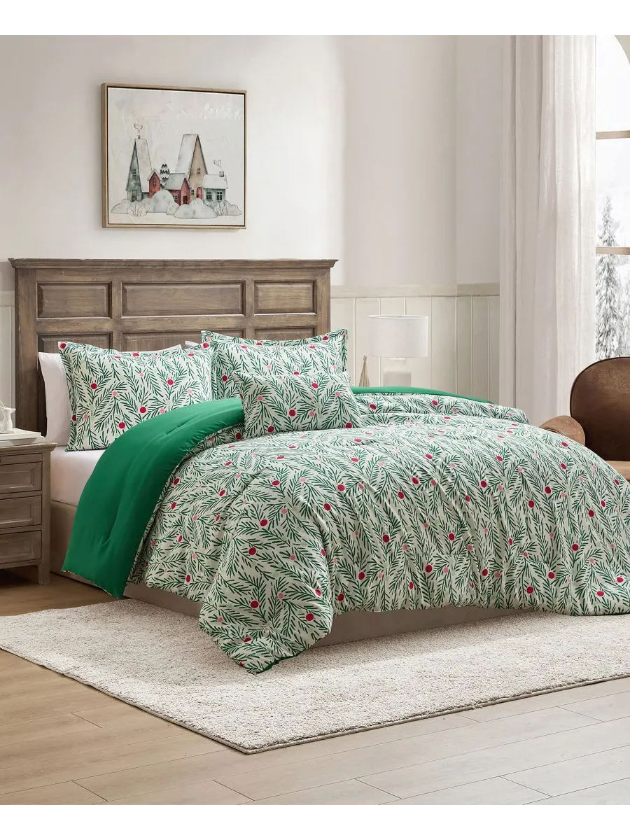 Праздничный комплект постельного белья Green Branches, 4 предмета, размер King Hallmark Bedding — изображение 2 из 8, зеленый