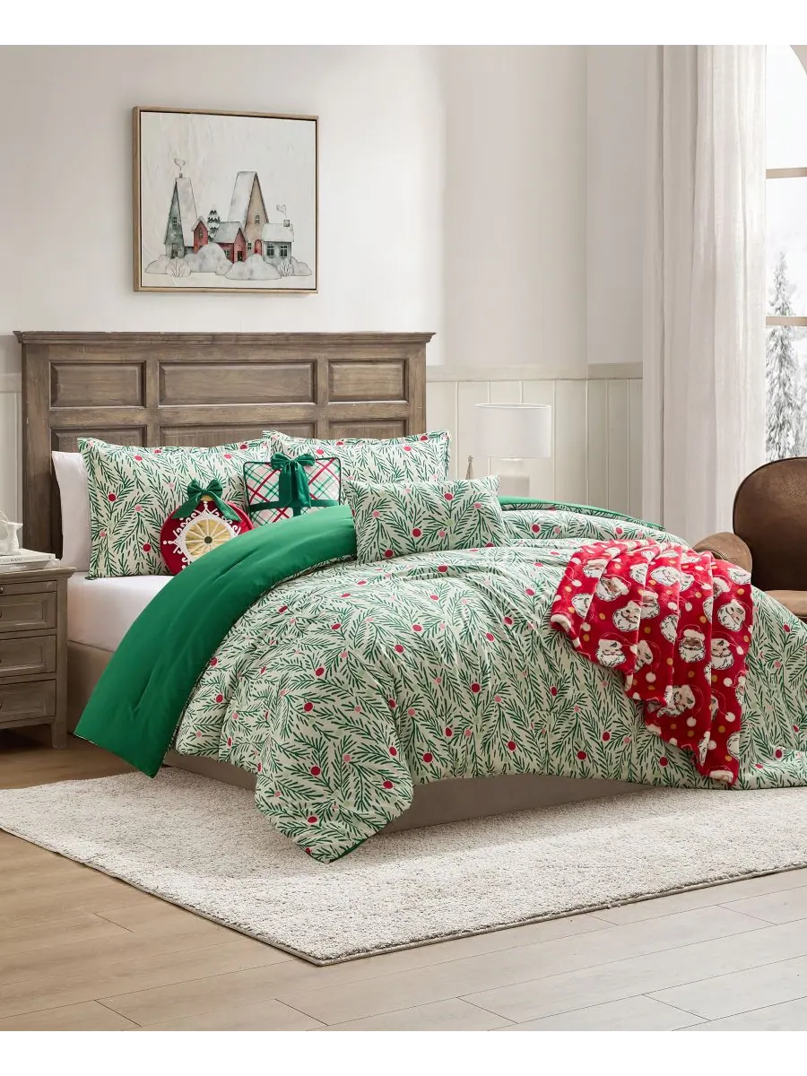 Праздничный комплект постельного белья Green Branches, 4 предмета, размер King Hallmark Bedding — изображение 8 из 8, зеленый