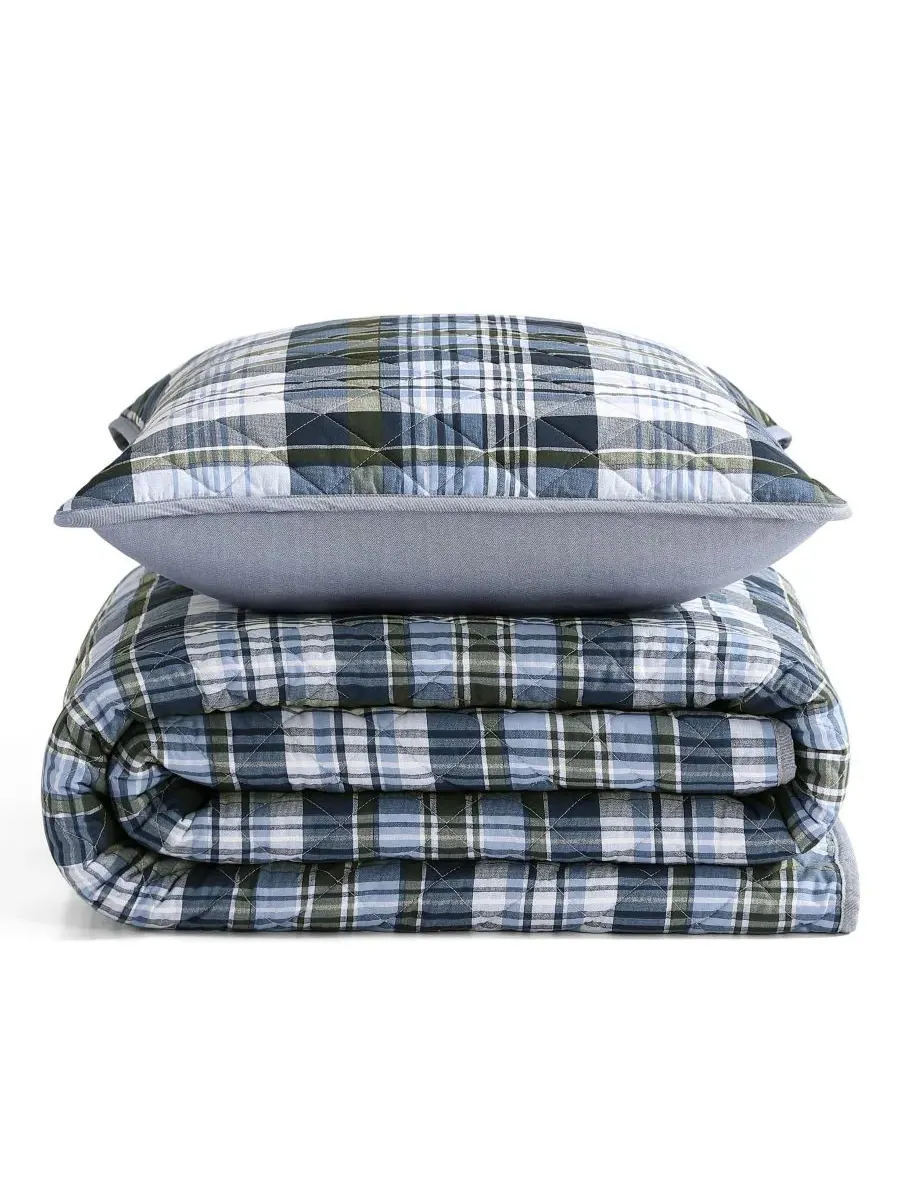 Двусторонний стеганый комплект из 3 предметов Bleecker Plaid из хлопка, размер Full/Queen Tommy — изображение 3 из 7, зеленый