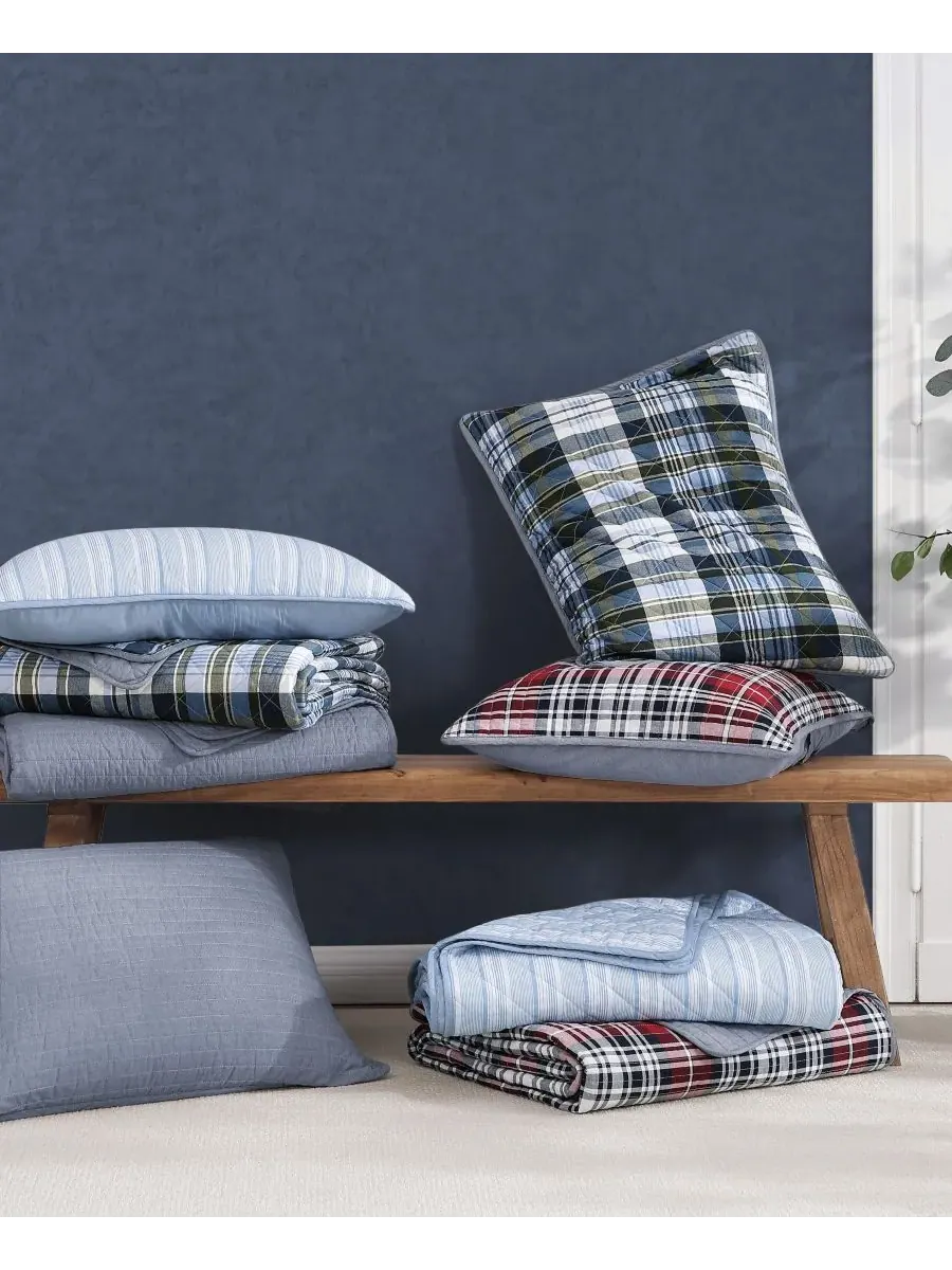 Двусторонний стеганый комплект из 3 предметов Bleecker Plaid из хлопка, размер Full/Queen Tommy — изображение 4 из 7, зеленый