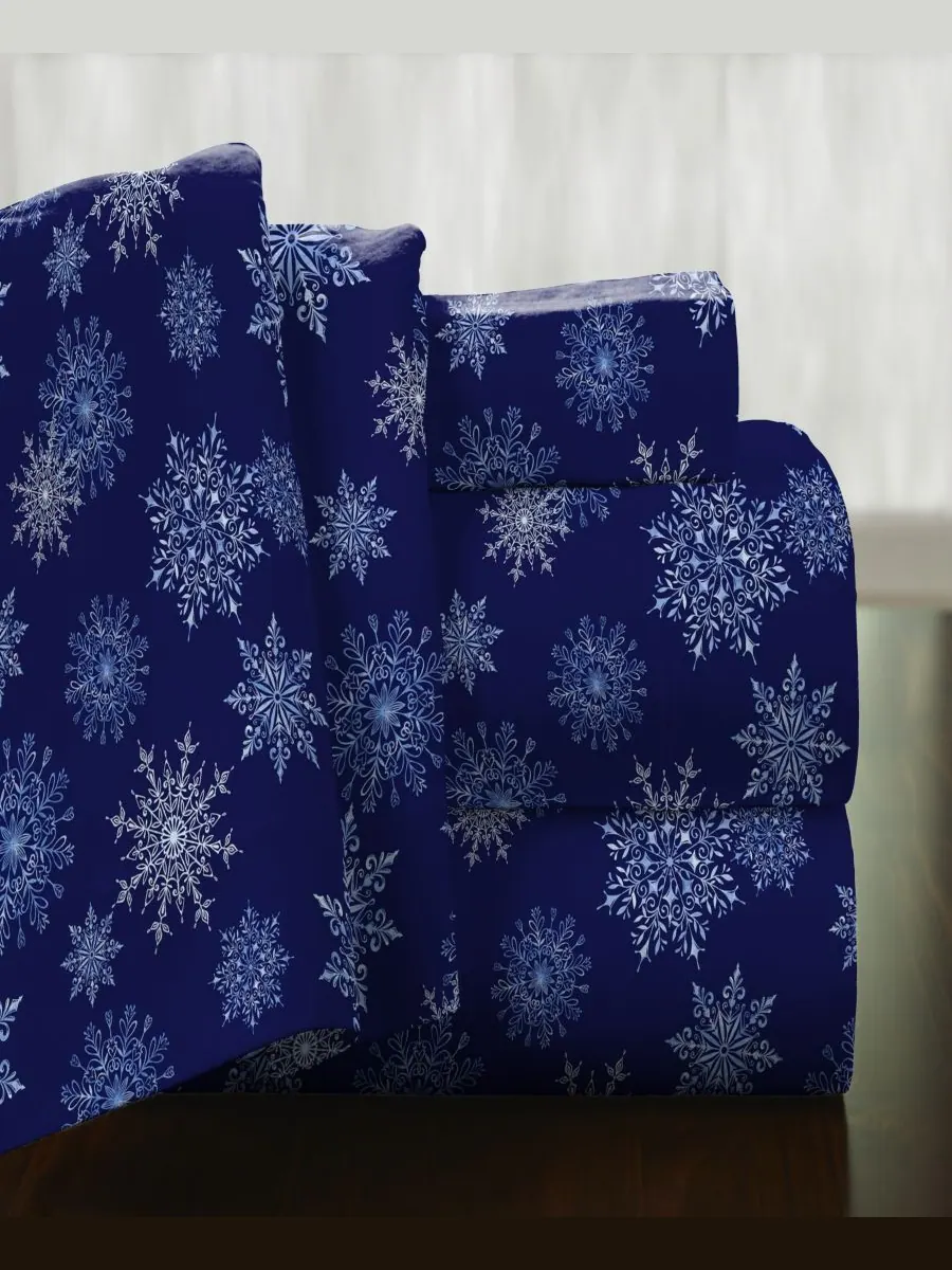 Комплект постельного белья Snowflake из высококачественной хлопковой фланели, размер Queen — изображение 1 из 1, темно-синий
