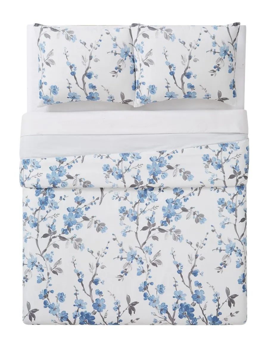 Комплект постельного белья Kasumi Floral из 3 предметов, размер Full/Queen Cannon — изображение 2 из 4, белый-синий