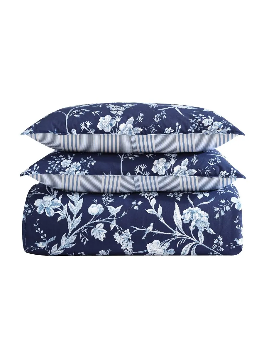 Комплект постельного белья Branch Toile из хлопка, двусторонний, 7 предметов, размер Full/Queen — изображение 6 из 10, синий